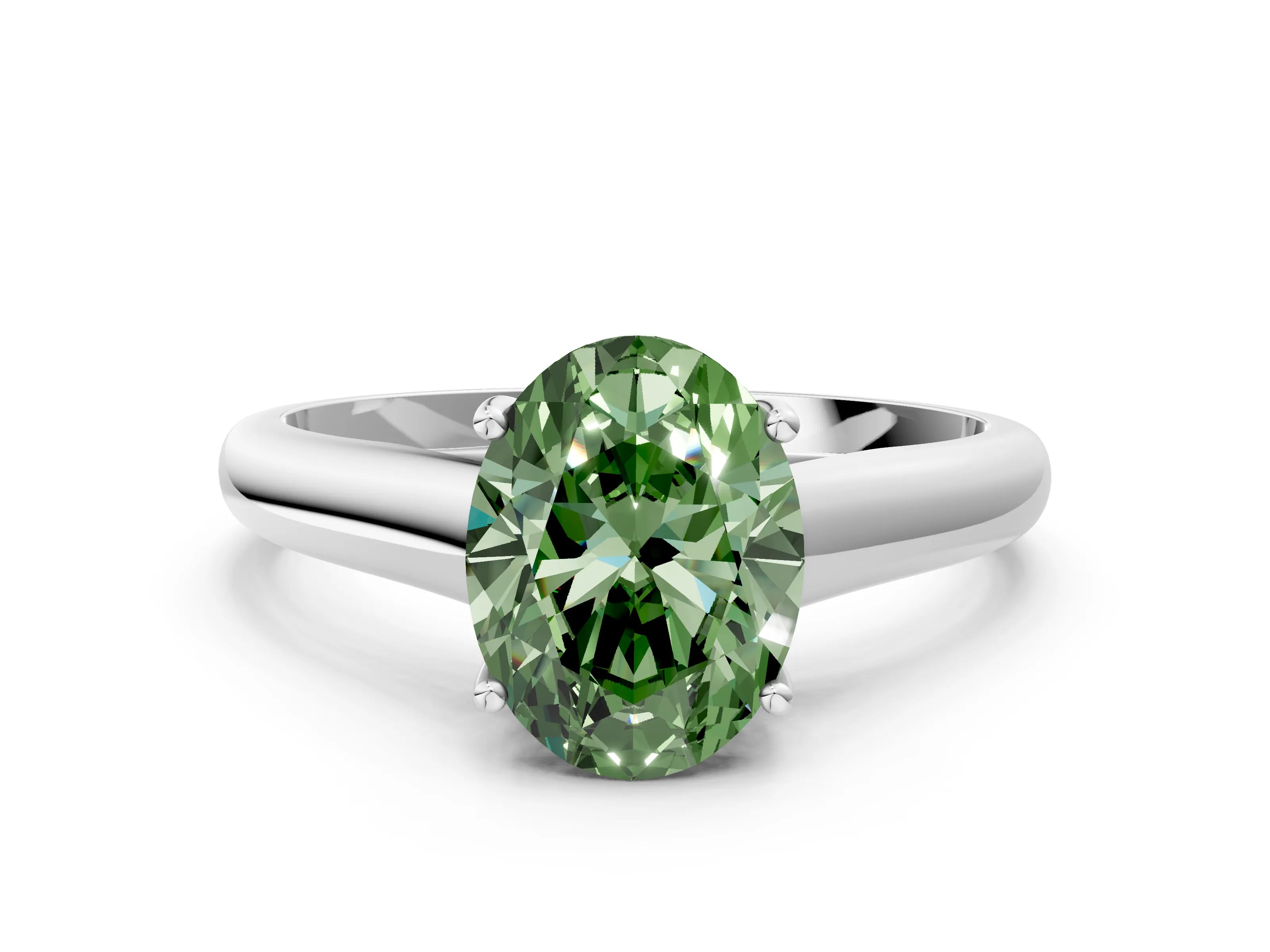 White gold Fancy Green Oval Cut Cut Diamond Solitaire Engagement Ring with Tapered Plain Band and Four-Prong Setting_12