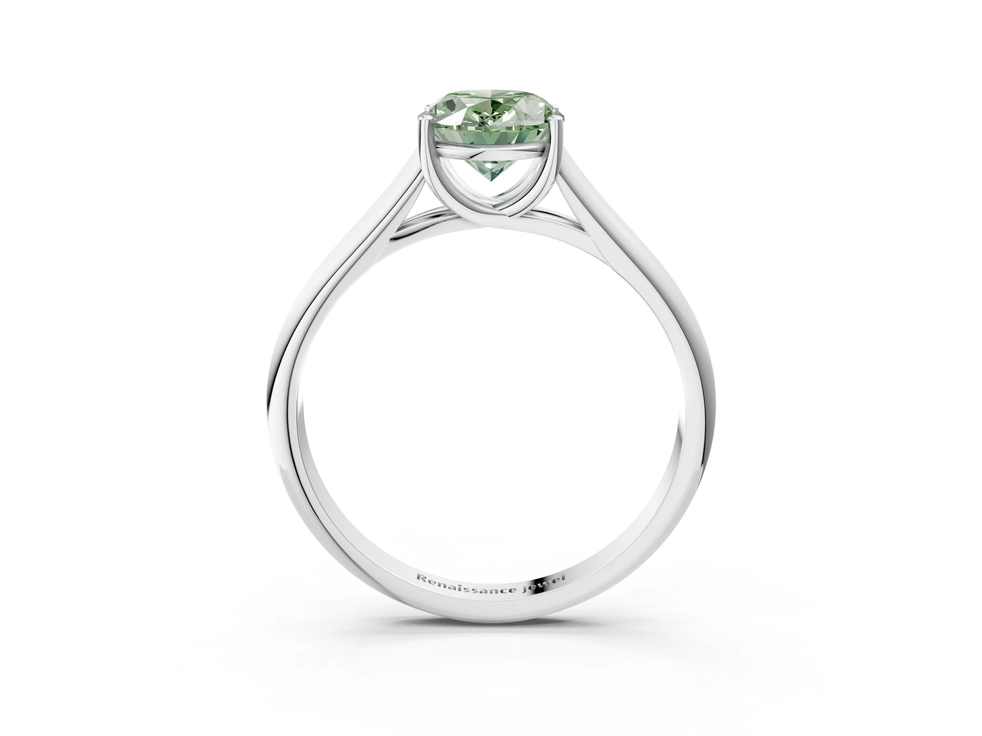 White gold Fancy Green Oval Cut Cut Diamond Solitaire Engagement Ring with Tapered Plain Band and Four-Prong Setting_15