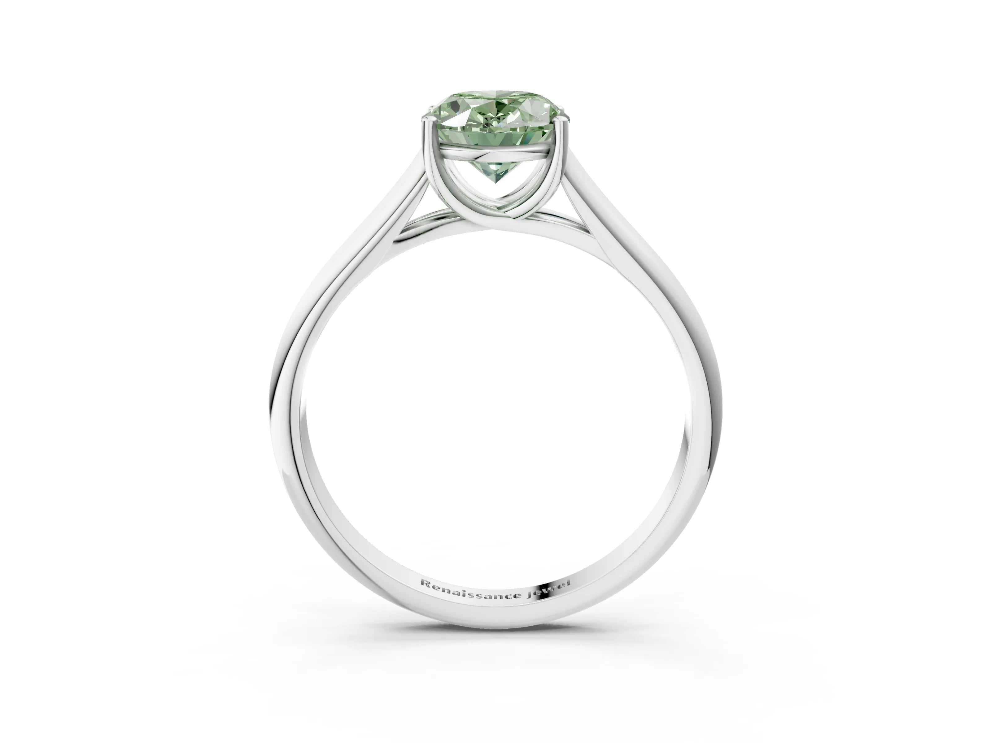 White gold Fancy Green Oval Cut Cut Diamond Solitaire Engagement Ring with Tapered Plain Band and Four-Prong Setting_3