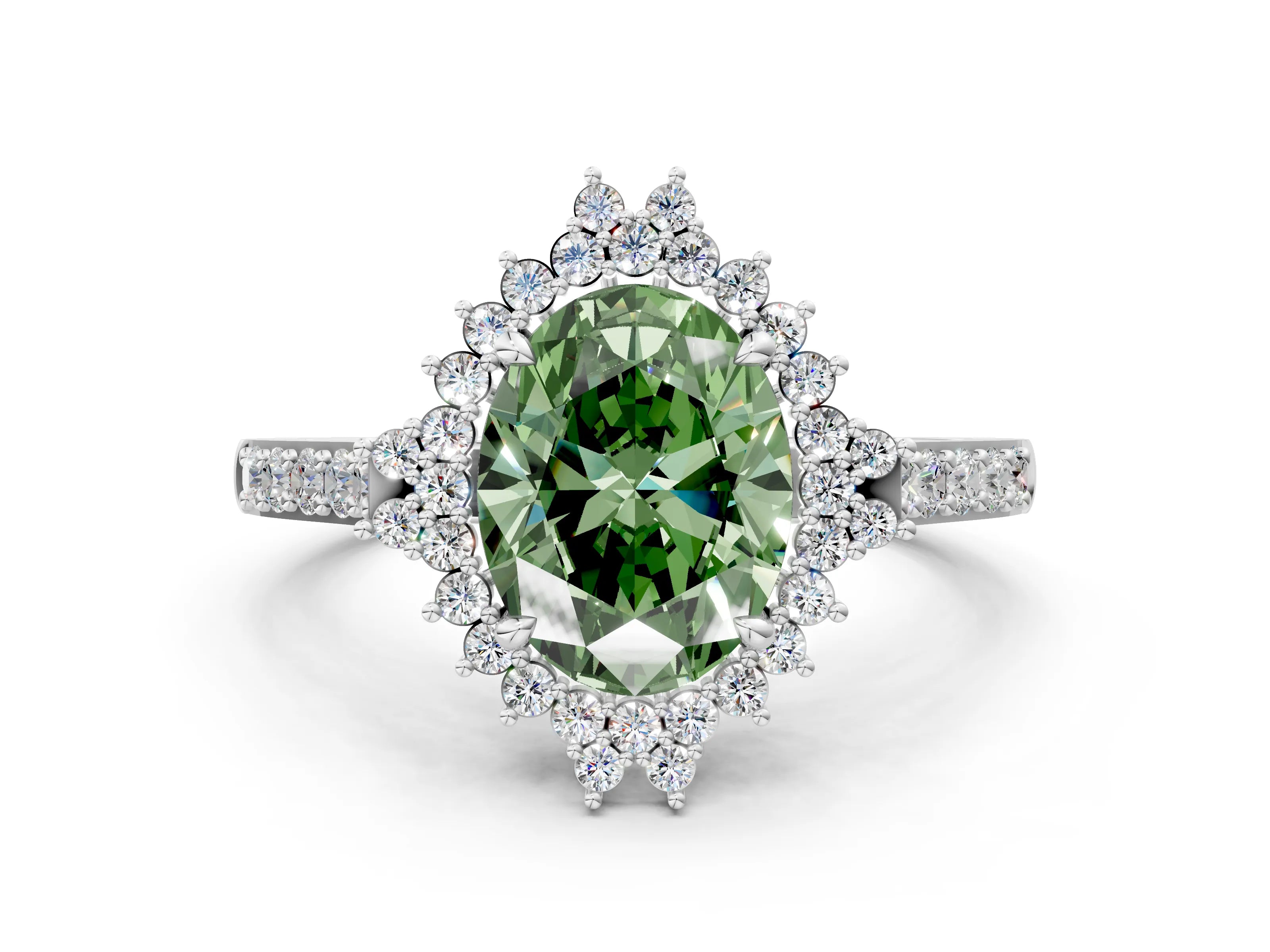 White gold Fancy Green Oval Cut Cut Diamond Sunburst Halo Engagement Ring with Pavé Band_12