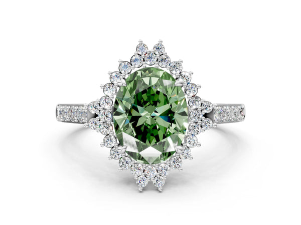 White gold Fancy Green Oval Cut Cut Diamond Sunburst Halo Engagement Ring with Pavé Band