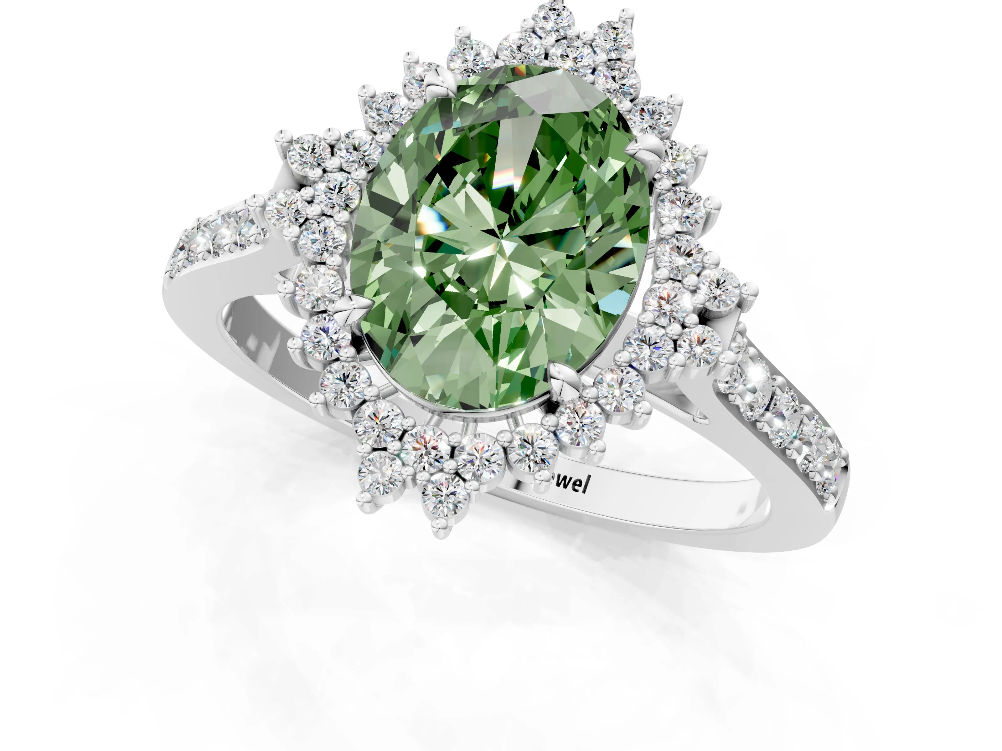 White gold Fancy Green Oval Cut Cut Diamond Sunburst Halo Engagement Ring with Pavé Band_13