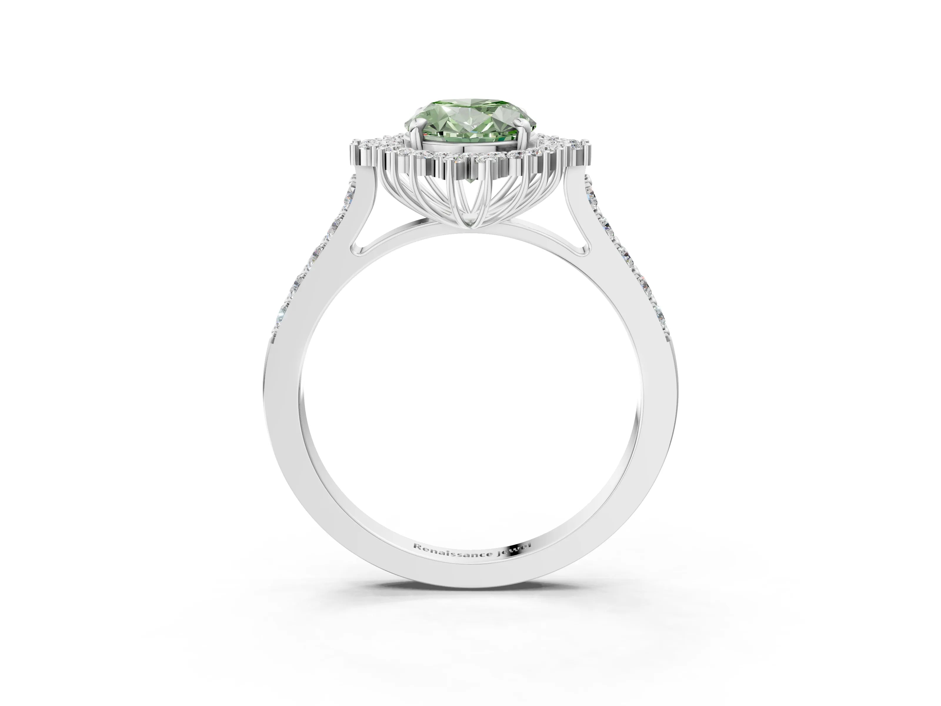 White gold Fancy Green Oval Cut Cut Diamond Sunburst Halo Engagement Ring with Pavé Band_15