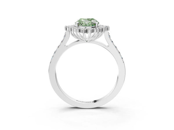 White gold Fancy Green Oval Cut Cut Diamond Sunburst Halo Engagement Ring with Pavé Band