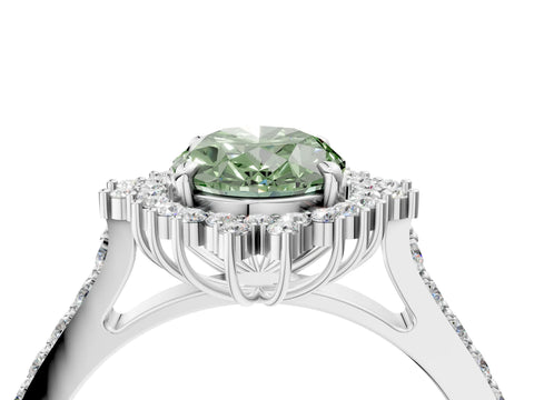 White gold Fancy Green Oval Cut Cut Diamond Sunburst Halo Engagement Ring with Pavé Band_16