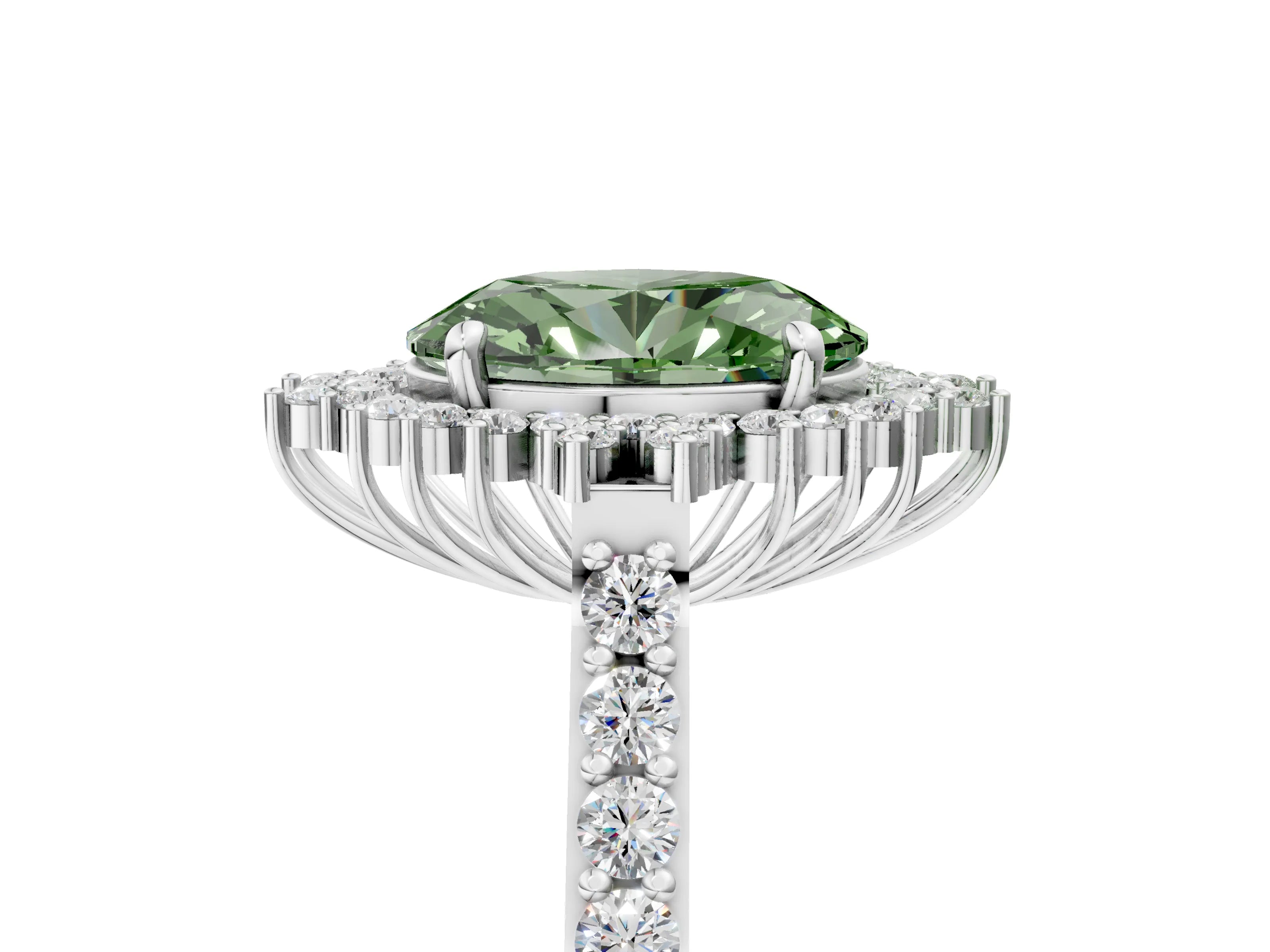 White gold Fancy Green Oval Cut Cut Diamond Sunburst Halo Engagement Ring with Pavé Band_17