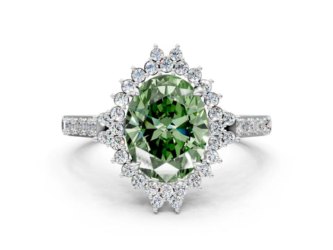 White gold Fancy Green Oval Cut Cut Diamond Sunburst Halo Engagement Ring with Pavé Band