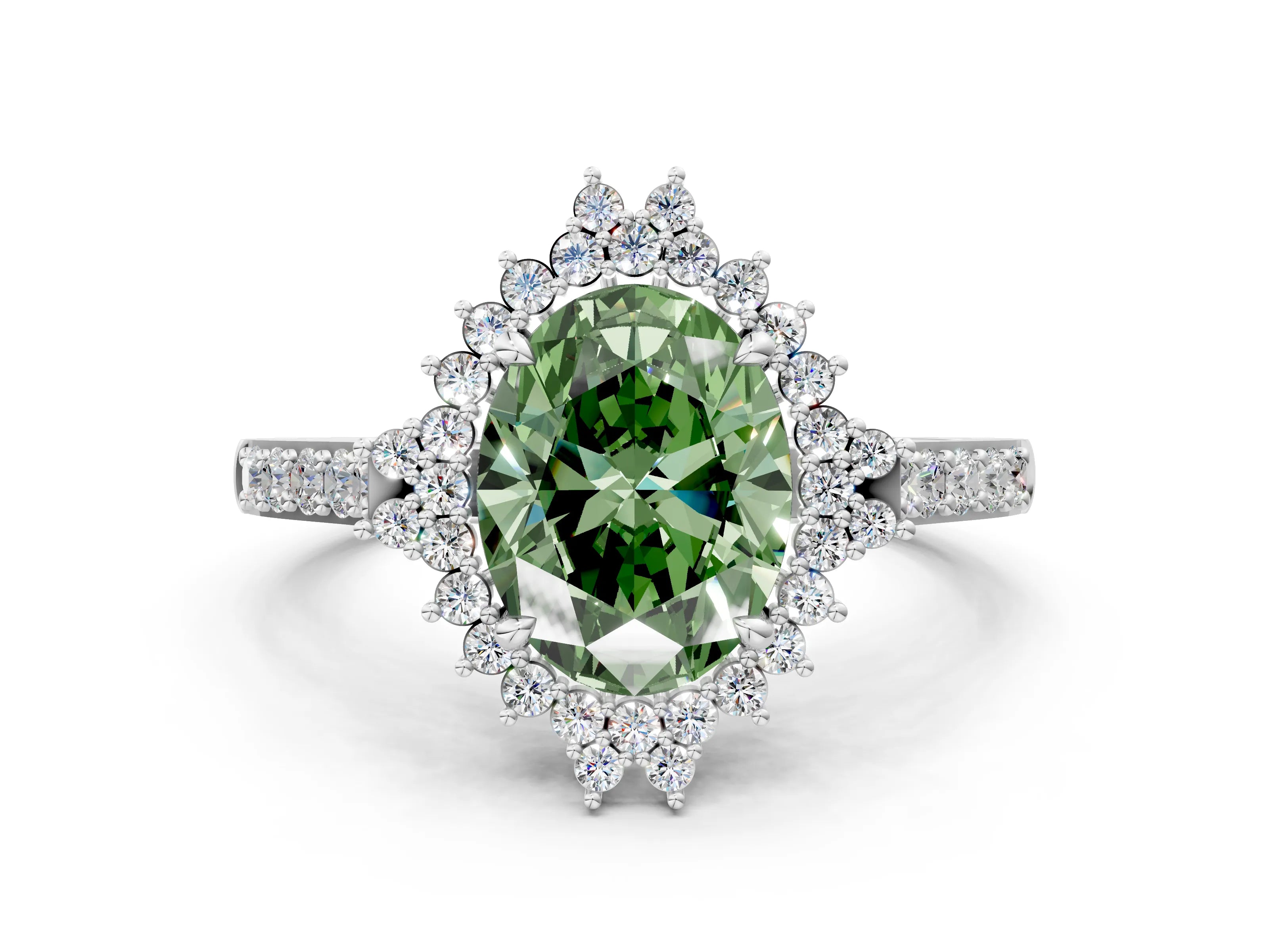 White gold Fancy Green Oval Cut Cut Diamond Sunburst Halo Engagement Ring with Pavé Band
