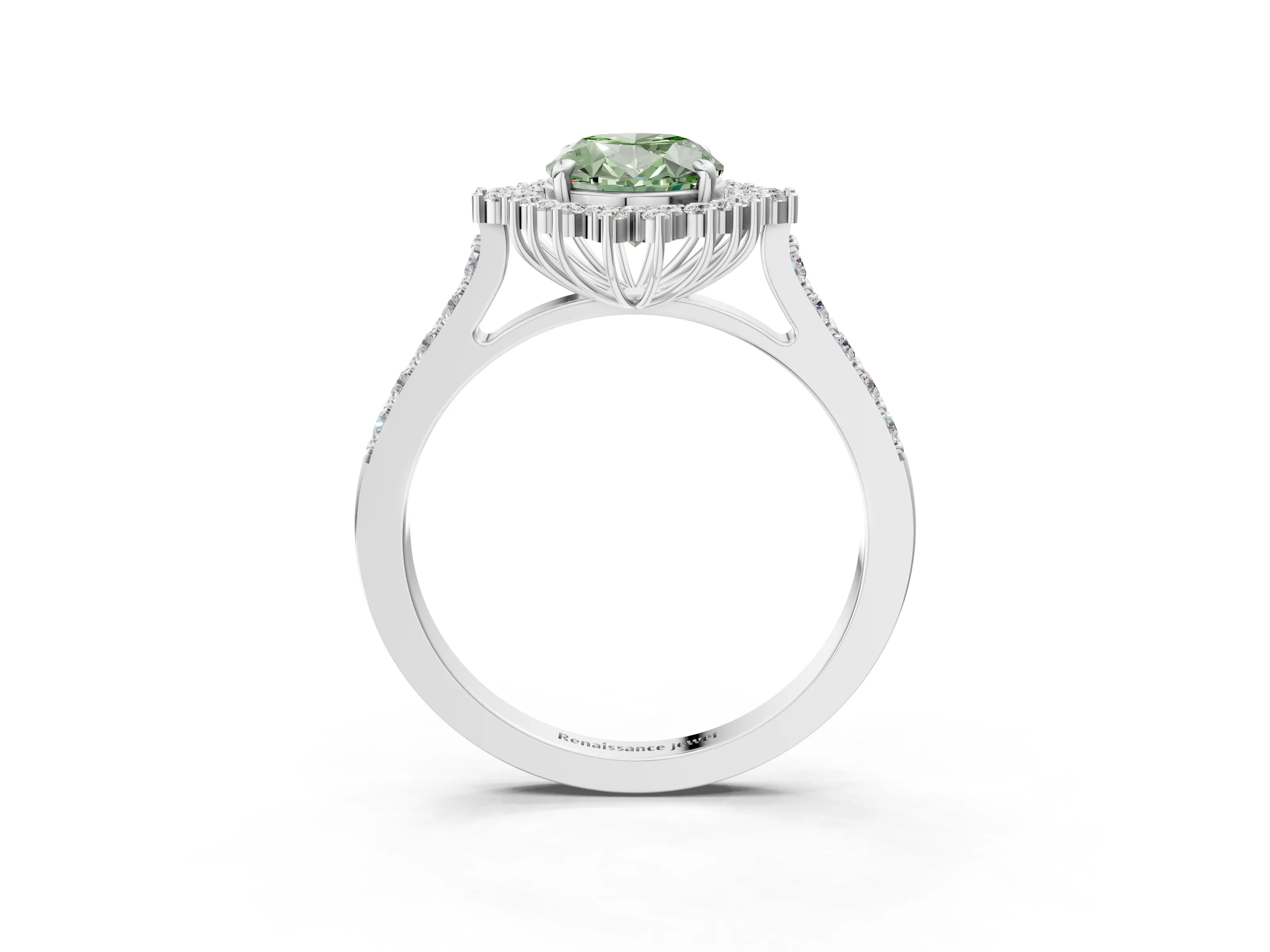 White gold Fancy Green Oval Cut Cut Diamond Sunburst Halo Engagement Ring with Pavé Band_3
