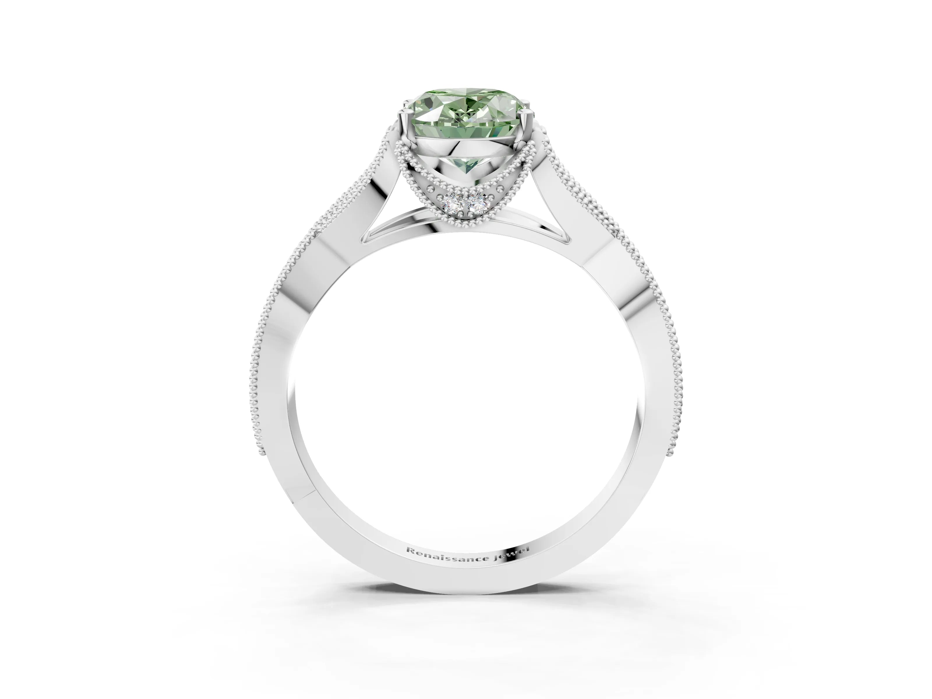 White gold Fancy Green Oval Cut Cut Diamond Twisted Band with Milgrain Pave Setting and Four-Prong Setting_15