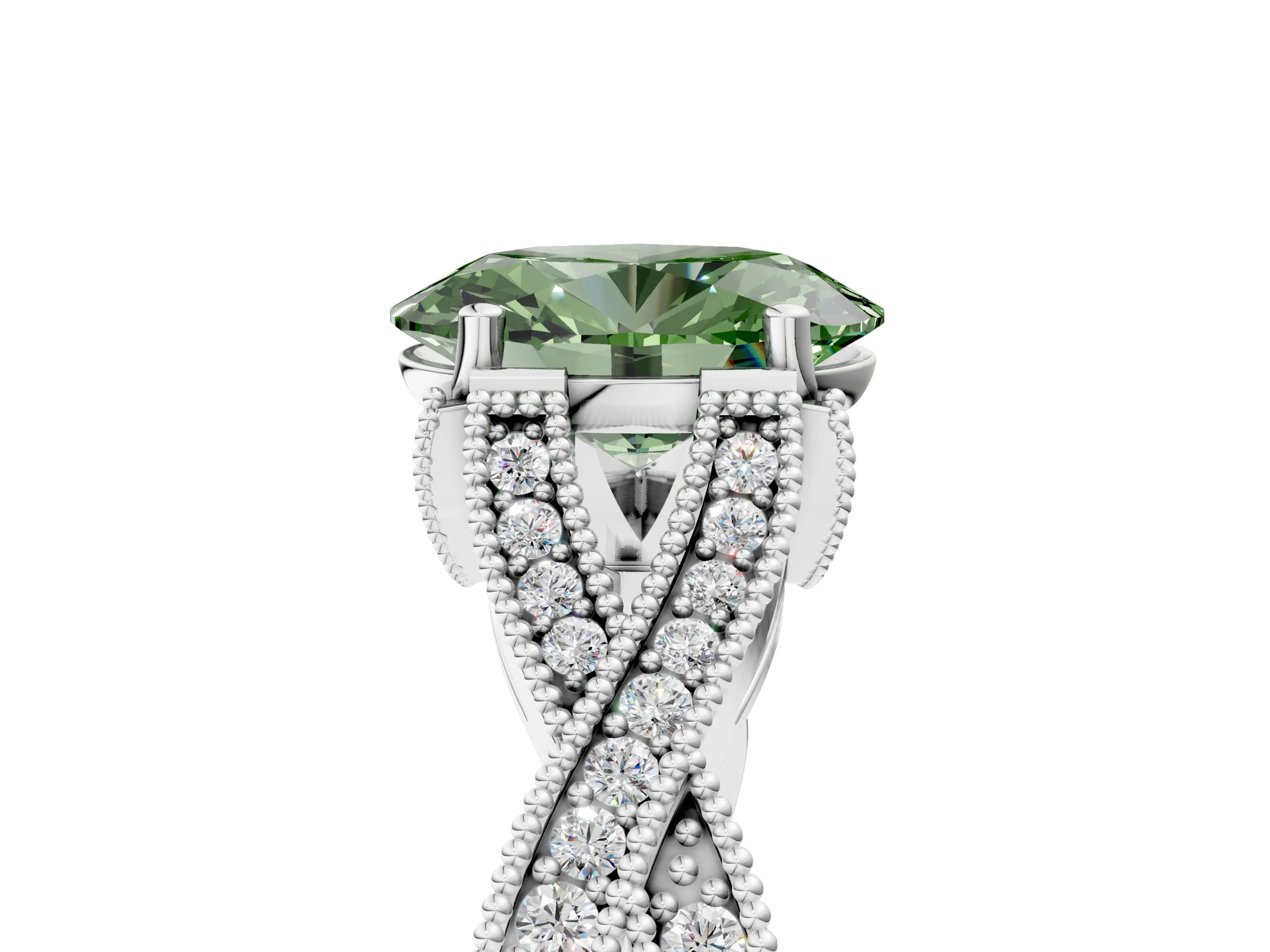 White gold Fancy Green Oval Cut Cut Diamond Twisted Band with Milgrain Pave Setting and Four-Prong Setting_17