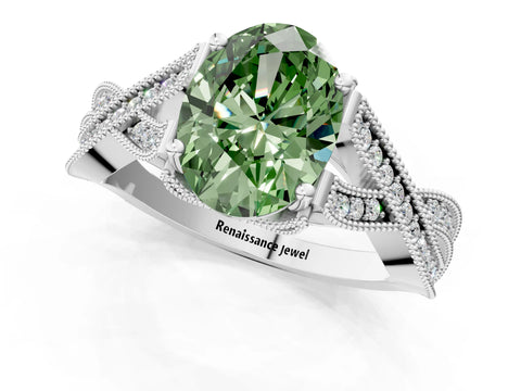 White gold Fancy Green Oval Cut Cut Diamond Twisted Band with Milgrain Pave Setting and Four-Prong Setting_1