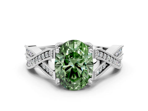 White gold Fancy Green Oval Cut Cut Diamond Twisted Band with Milgrain Pave Setting and Four-Prong Setting
