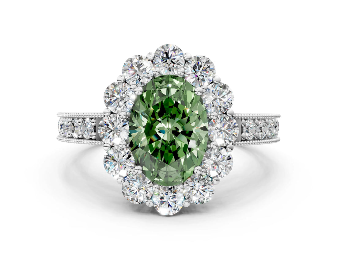 White gold Fancy Green Oval Cut Cut Halo Diamond Pavé Engagement Ring with Milgrain Detailing_12