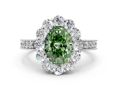 White gold Fancy Green Oval Cut Cut Halo Diamond Pavé Engagement Ring with Milgrain Detailing_12