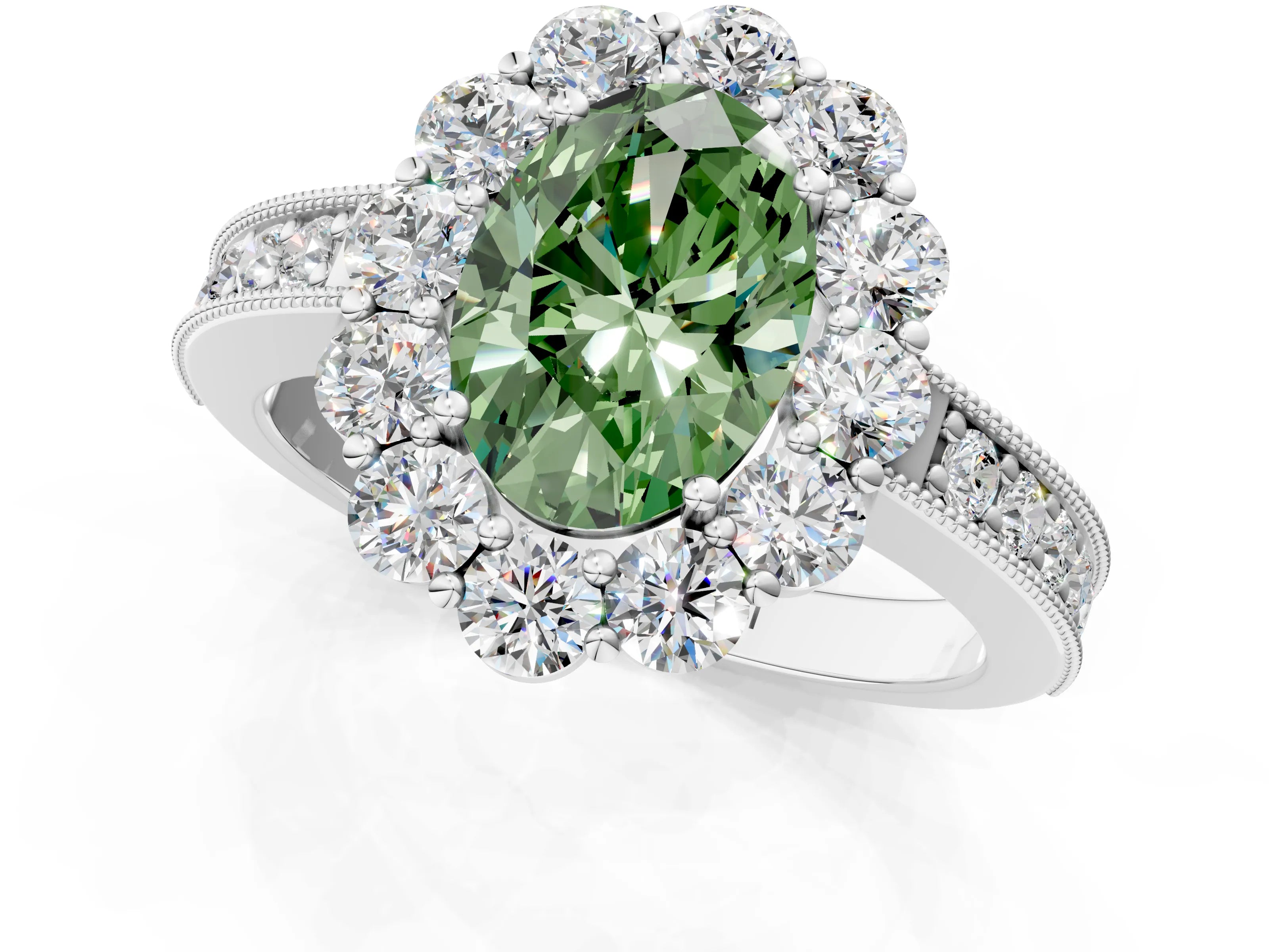White gold Fancy Green Oval Cut Cut Halo Diamond Pavé Engagement Ring with Milgrain Detailing_13