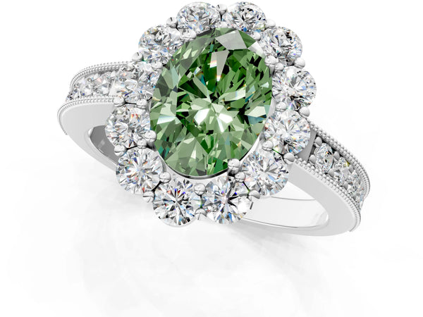 Platinum Fancy Green Oval Cut Cut Halo Diamond Pavé Engagement Ring with Milgrain Detailing