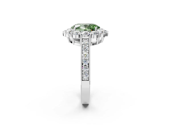 Platinum Fancy Green Oval Cut Cut Halo Diamond Pavé Engagement Ring with Milgrain Detailing