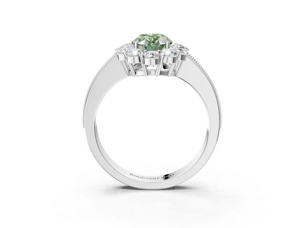 Platinum Fancy Green Oval Cut Cut Halo Diamond Pavé Engagement Ring with Milgrain Detailing