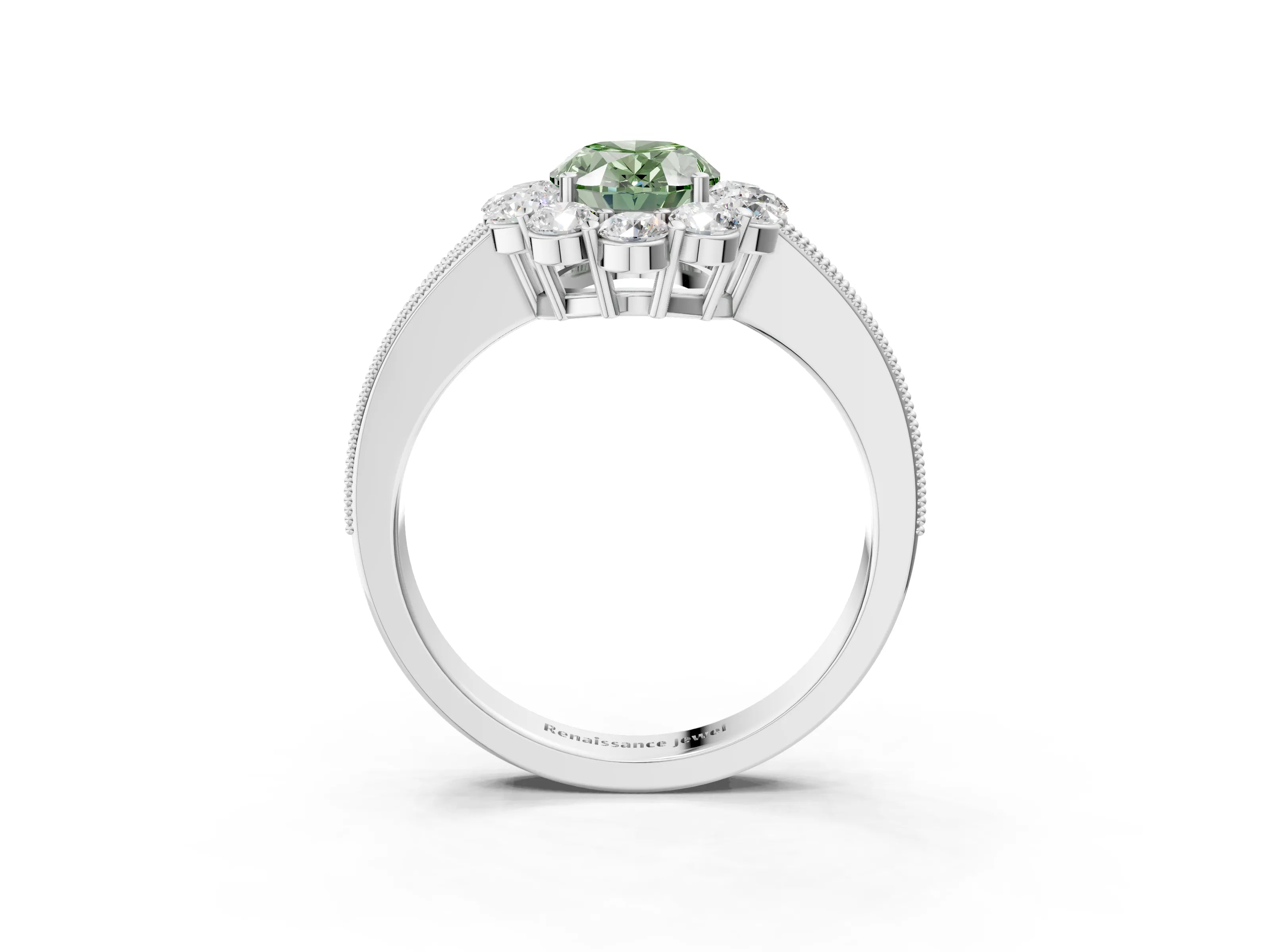 White gold Fancy Green Oval Cut Cut Halo Diamond Pavé Engagement Ring with Milgrain Detailing_15