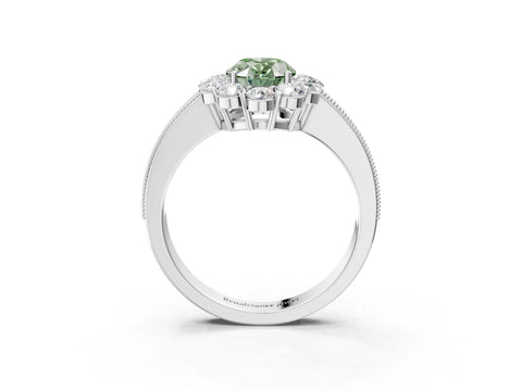 White gold Fancy Green Oval Cut Cut Halo Diamond Pavé Engagement Ring with Milgrain Detailing_15