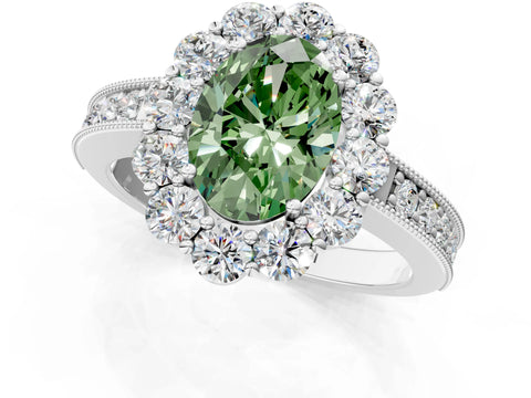 White gold Fancy Green Oval Cut Cut Halo Diamond Pavé Engagement Ring with Milgrain Detailing_1