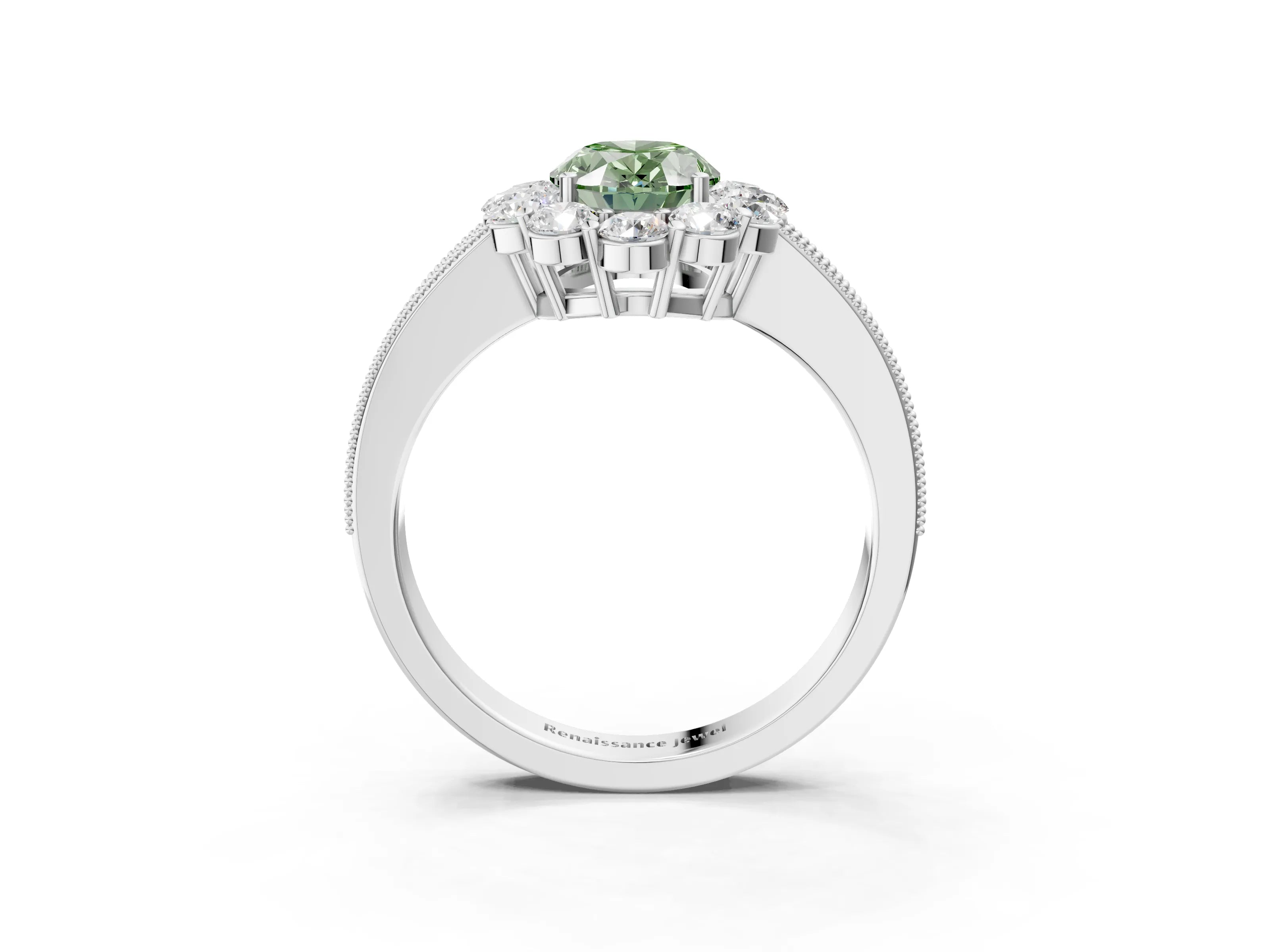 White gold Fancy Green Oval Cut Cut Halo Diamond Pavé Engagement Ring with Milgrain Detailing_3