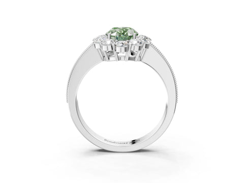 White gold Fancy Green Oval Cut Cut Halo Diamond Pavé Engagement Ring with Milgrain Detailing_3