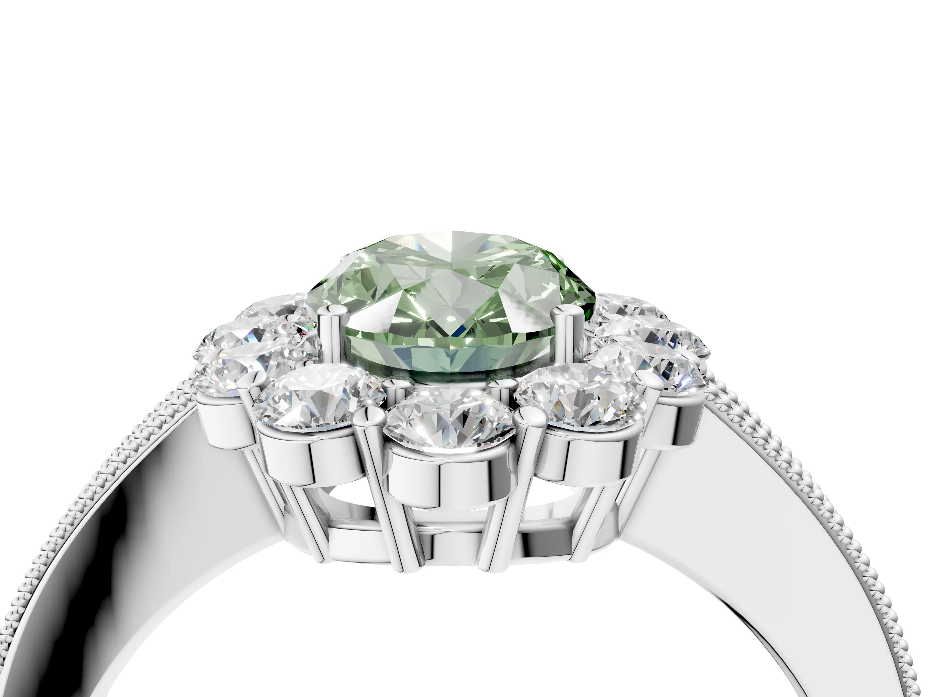 White gold Fancy Green Oval Cut Cut Halo Diamond Pavé Engagement Ring with Milgrain Detailing_4