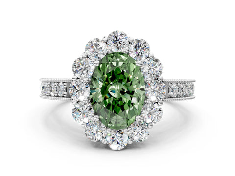 White gold Fancy Green Oval Cut Cut Halo Diamond Pavé Engagement Ring with Milgrain Detailing