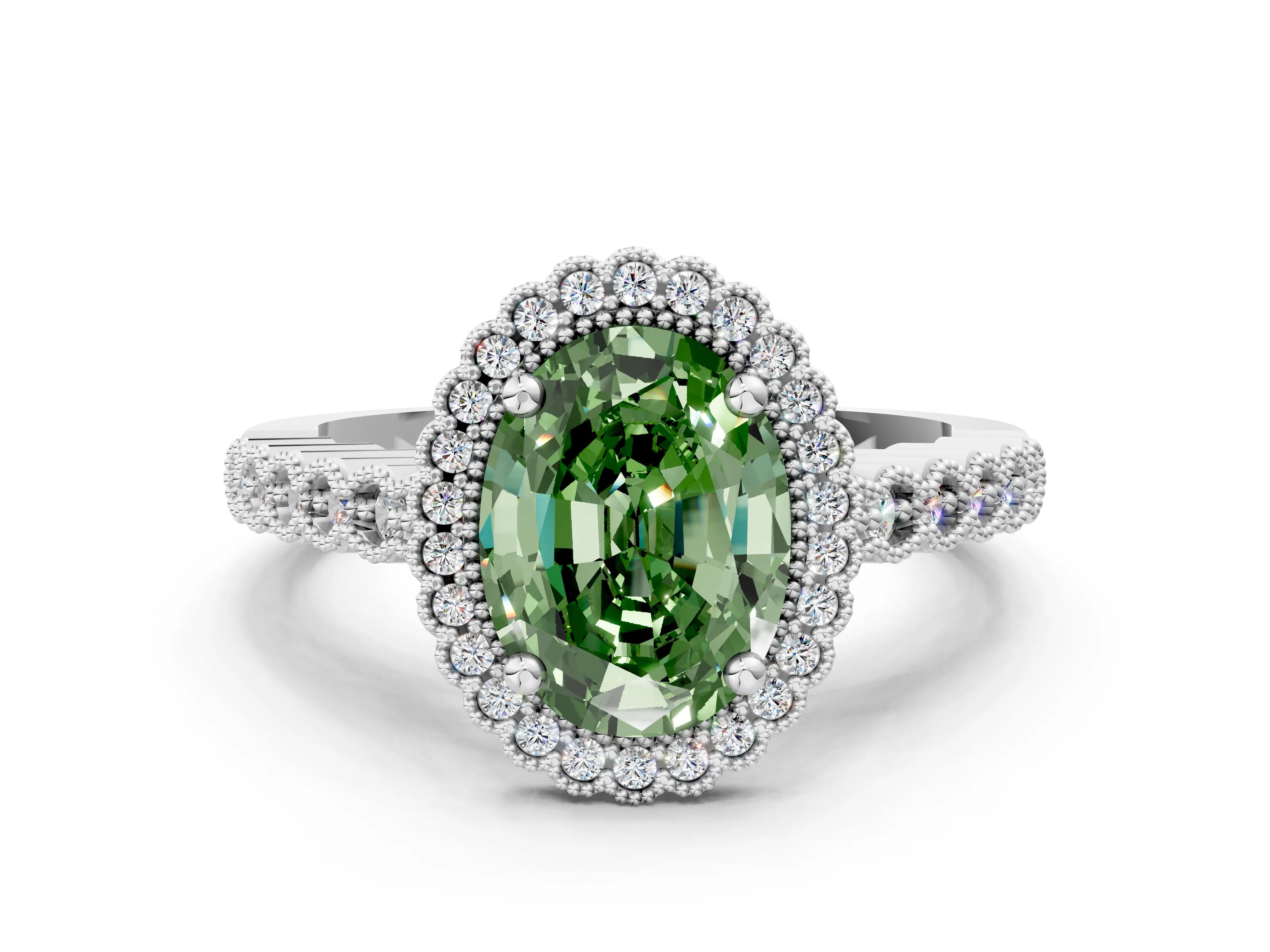 White gold Fancy Green Oval Cut Cut Halo Pavé Solitaire Ring with Milgrain Band_12
