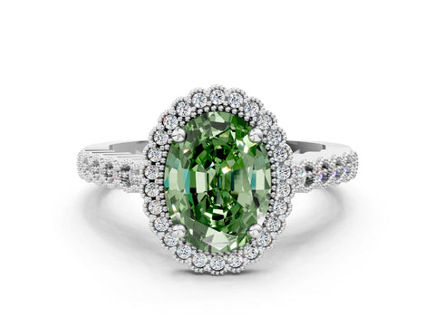 White gold Fancy Green Oval Cut Cut Halo Pavé Solitaire Ring with Milgrain Band_12