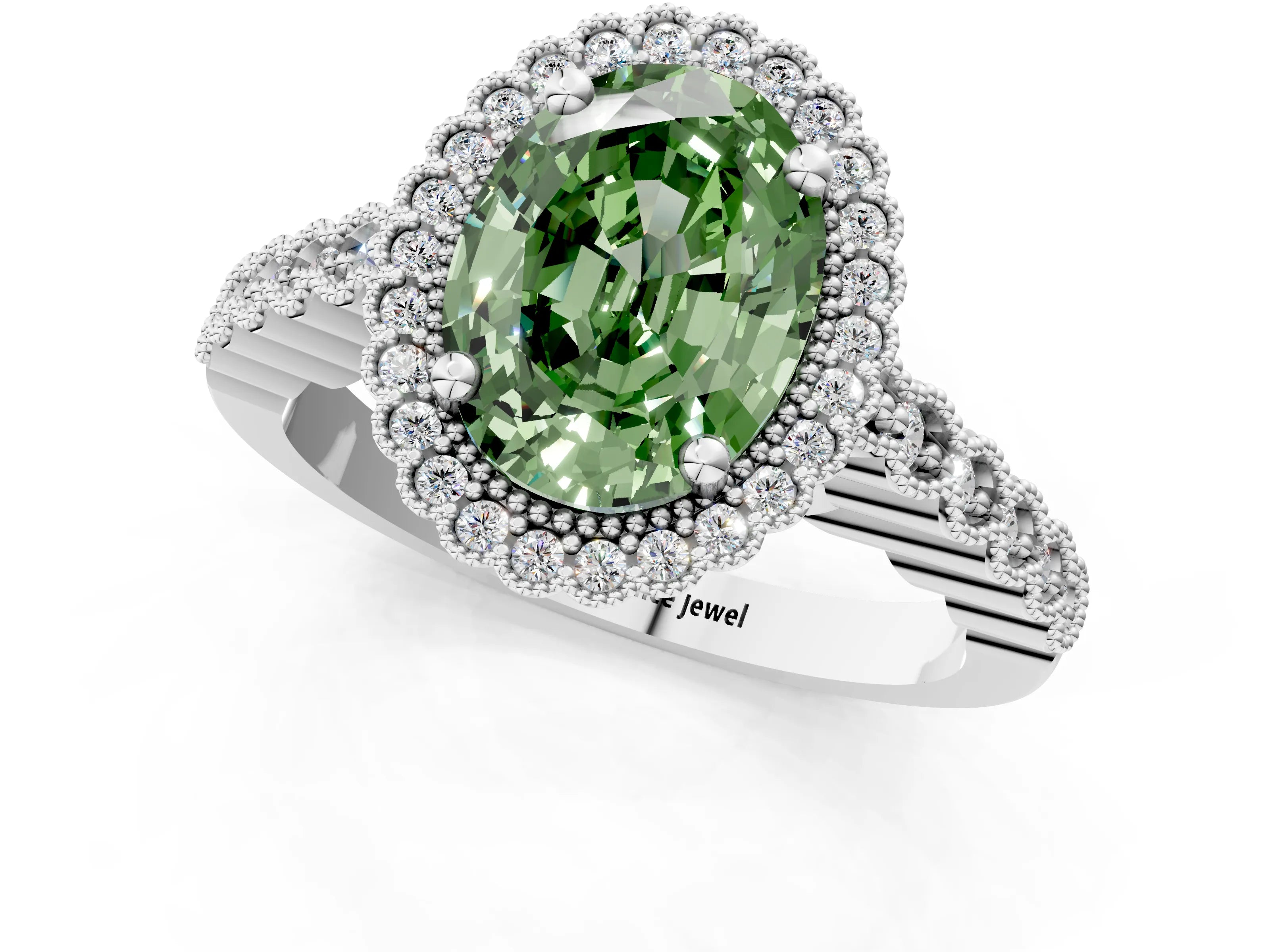 White gold Fancy Green Oval Cut Cut Halo Pavé Solitaire Ring with Milgrain Band_13