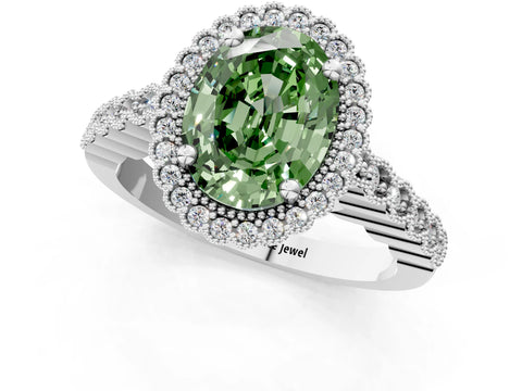 White gold Fancy Green Oval Cut Cut Halo Pavé Solitaire Ring with Milgrain Band_13