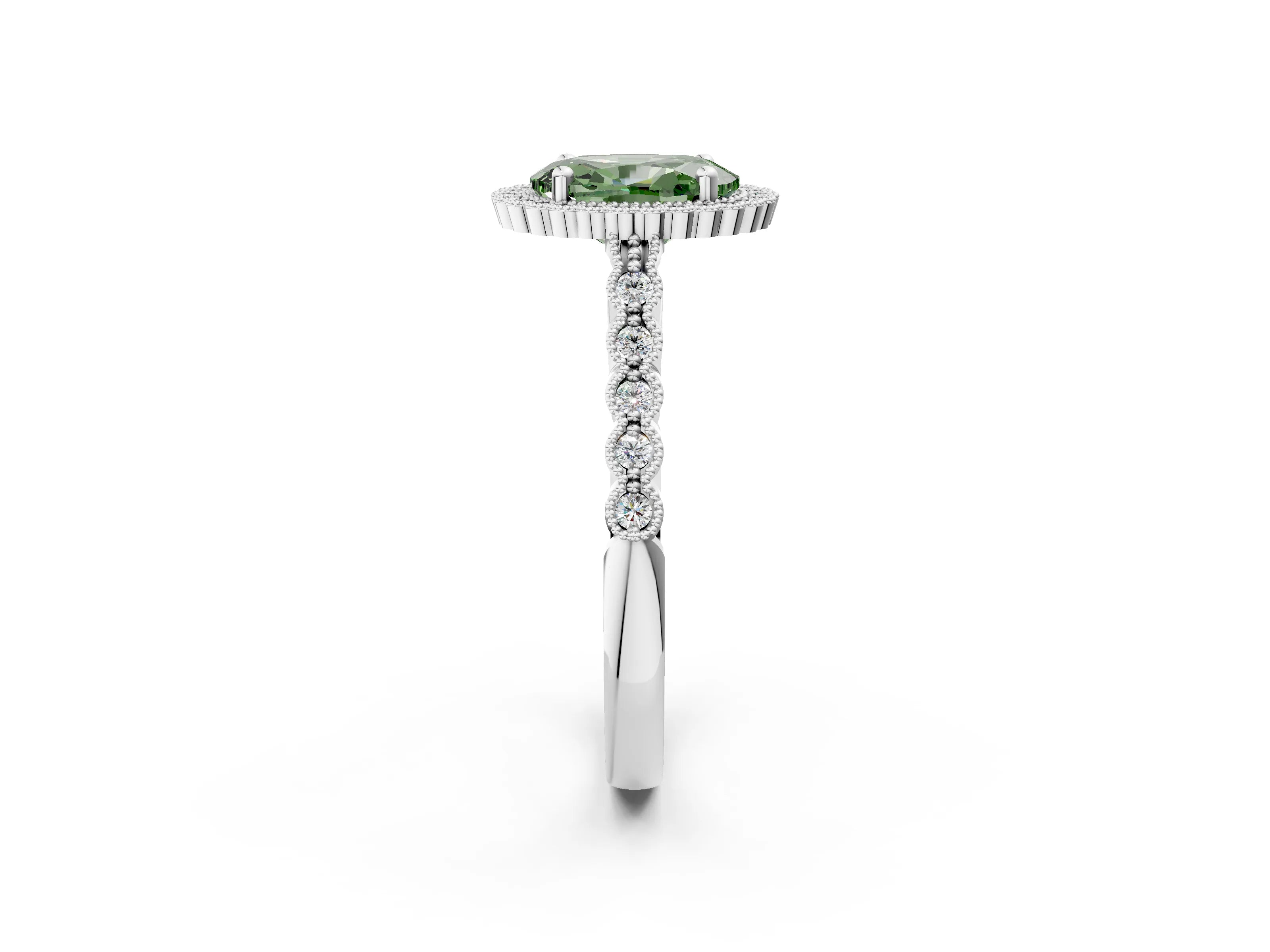 White gold Fancy Green Oval Cut Cut Halo Pavé Solitaire Ring with Milgrain Band_14