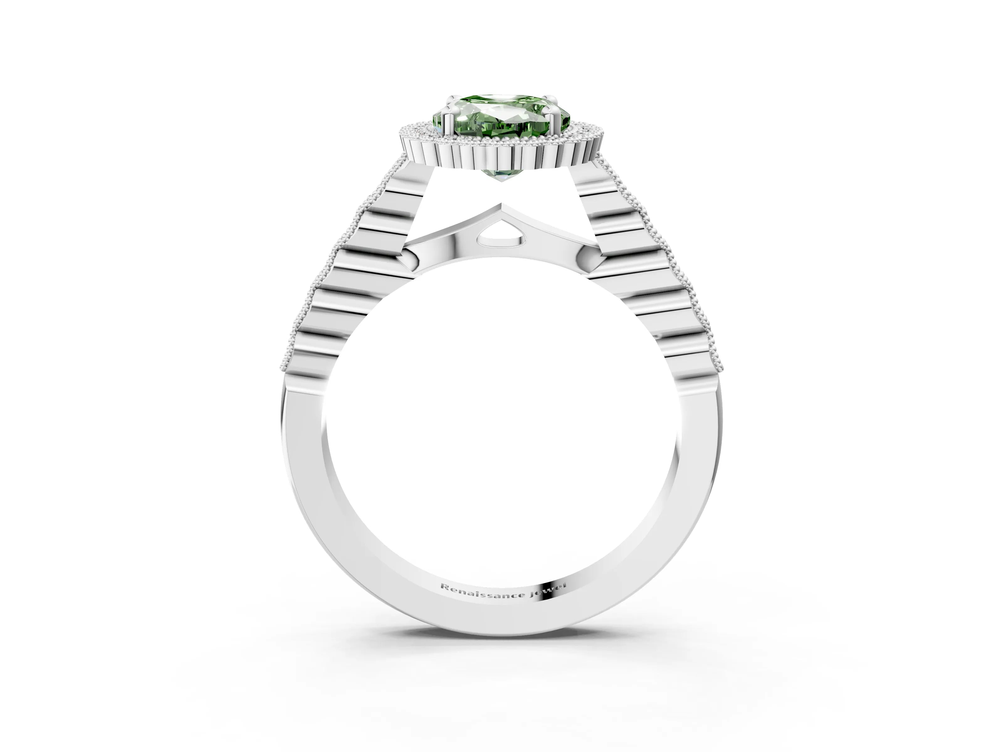 White gold Fancy Green Oval Cut Cut Halo Pavé Solitaire Ring with Milgrain Band_15