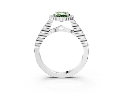 White gold Fancy Green Oval Cut Cut Halo Pavé Solitaire Ring with Milgrain Band_15