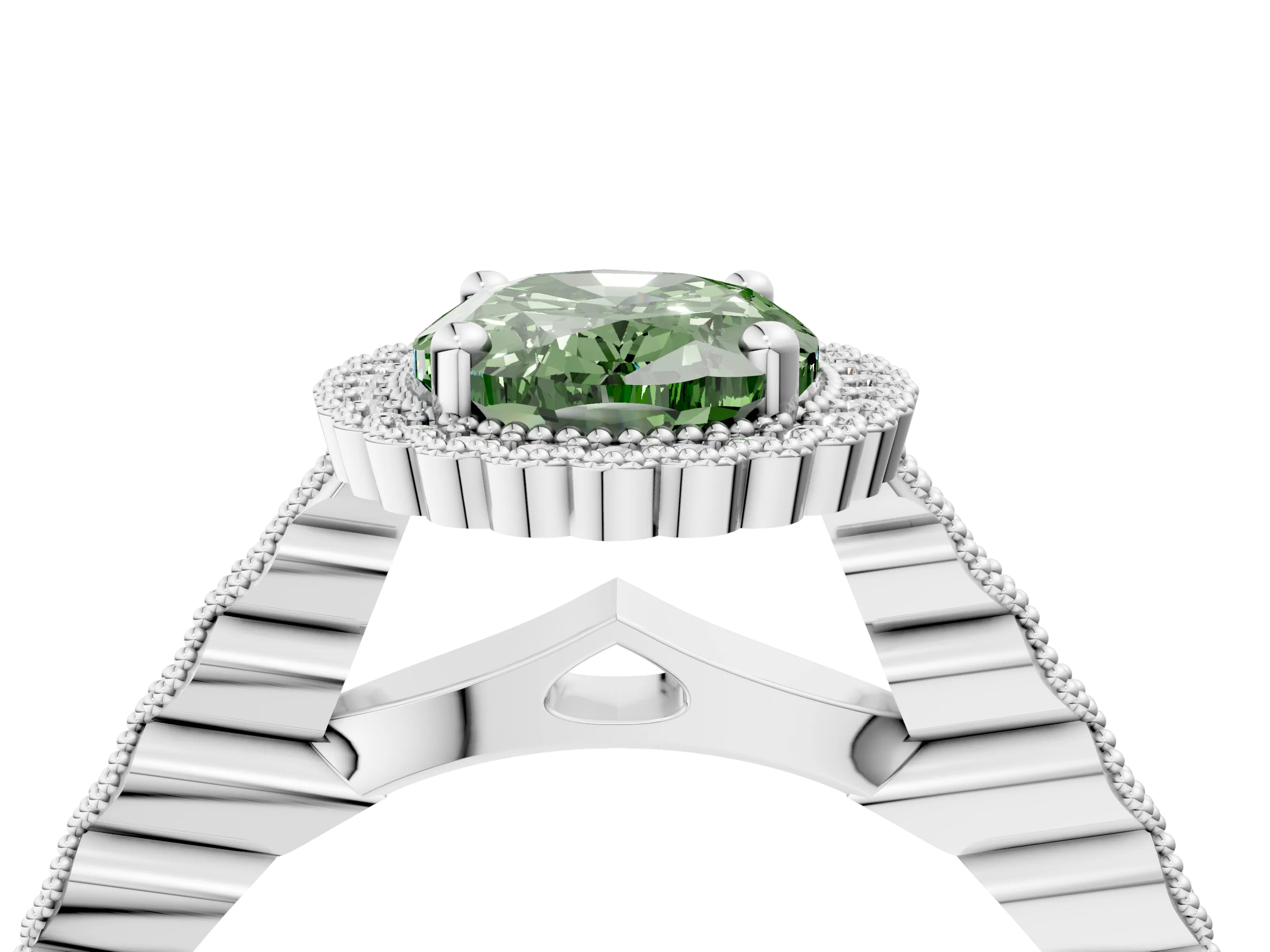 White gold Fancy Green Oval Cut Cut Halo Pavé Solitaire Ring with Milgrain Band_16