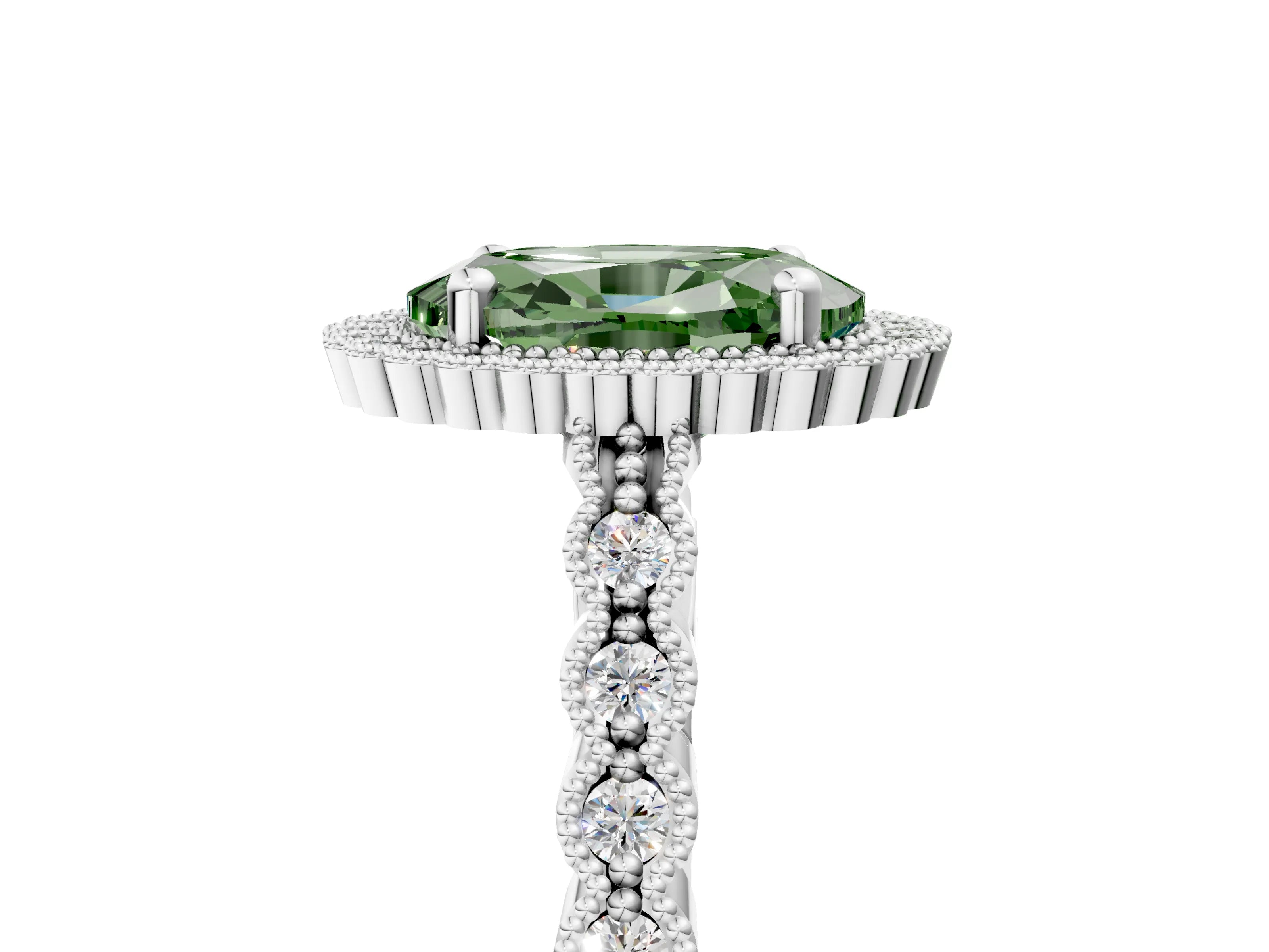 White gold Fancy Green Oval Cut Cut Halo Pavé Solitaire Ring with Milgrain Band_17