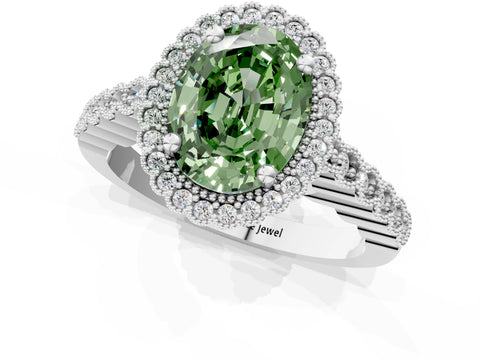 White gold Fancy Green Oval Cut Cut Halo Pavé Solitaire Ring with Milgrain Band_1