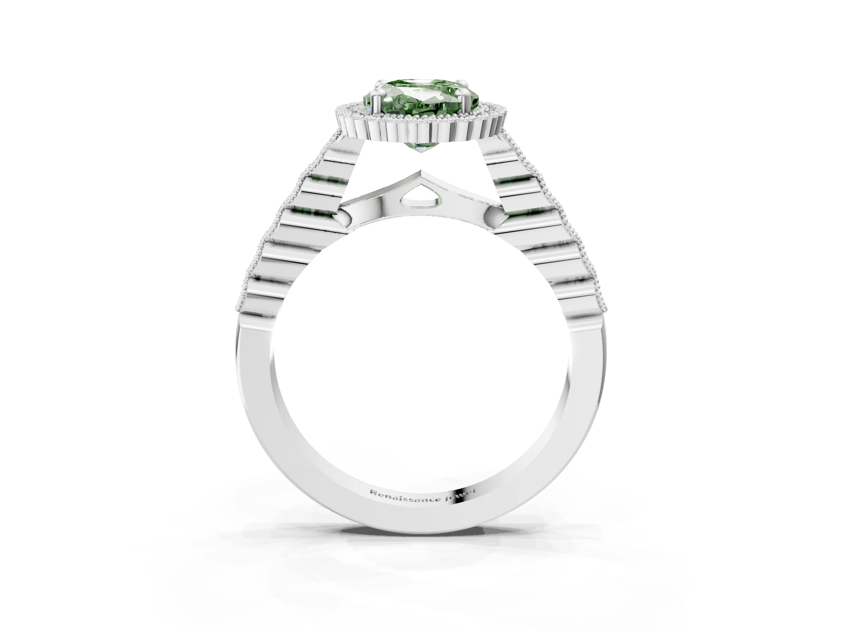 White gold Fancy Green Oval Cut Cut Halo Pavé Solitaire Ring with Milgrain Band_3