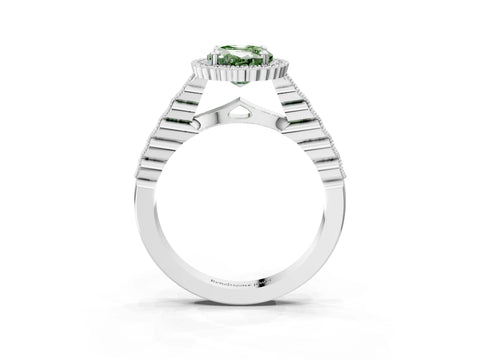 White gold Fancy Green Oval Cut Cut Halo Pavé Solitaire Ring with Milgrain Band_3