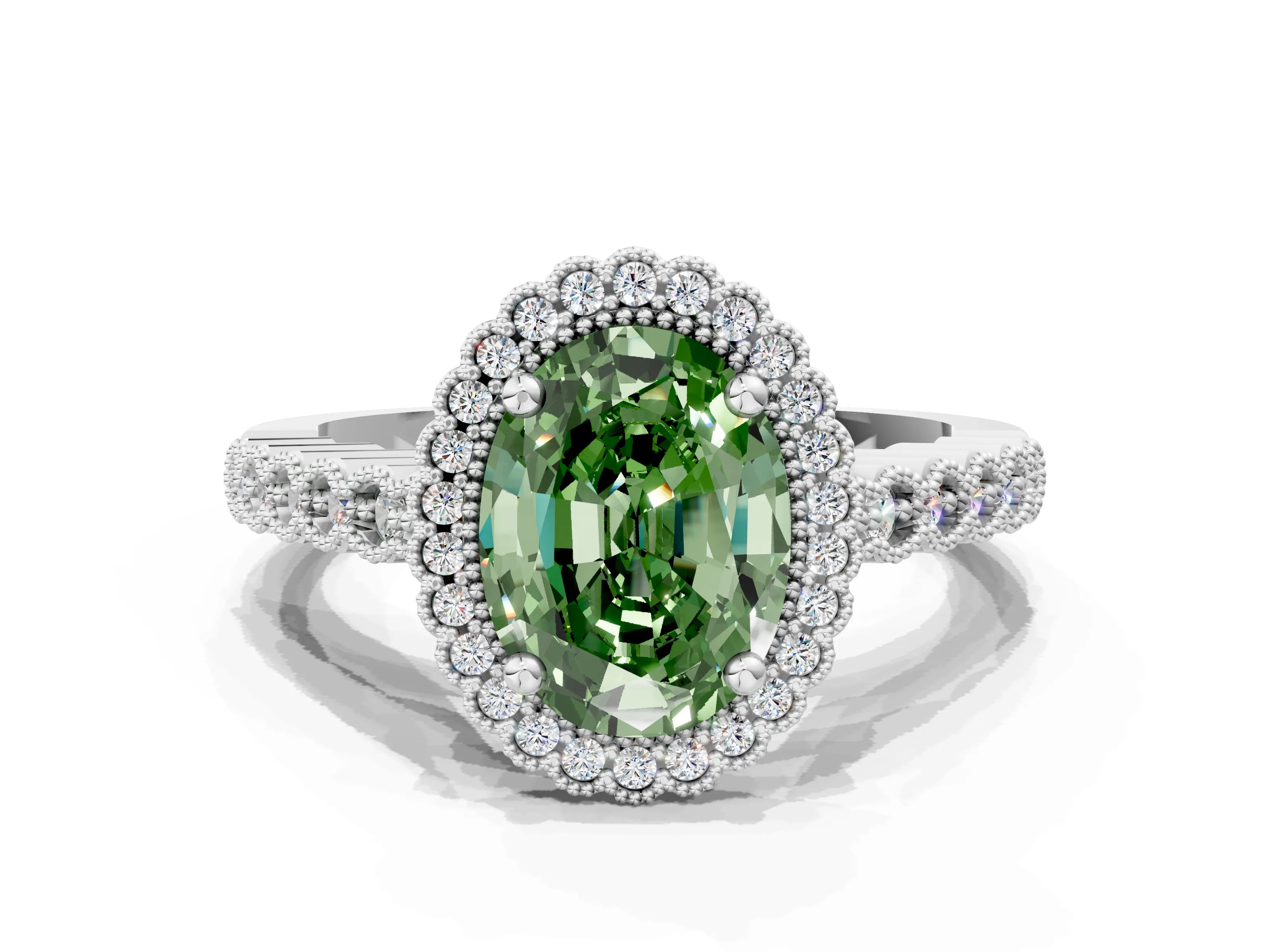 White gold Fancy Green Oval Cut Cut Halo Pavé Solitaire Ring with Milgrain Band