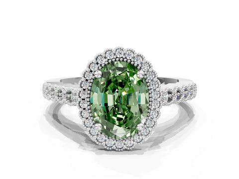White gold Fancy Green Oval Cut Cut Halo Pavé Solitaire Ring with Milgrain Band