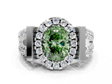 White gold Fancy Green Oval Cut Cut Halo Split Shank Prong Set Ring