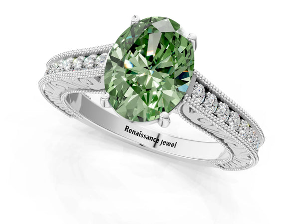 Platinum Oval Vintage Pave Engagement Ring Setting for Fancy Green Center