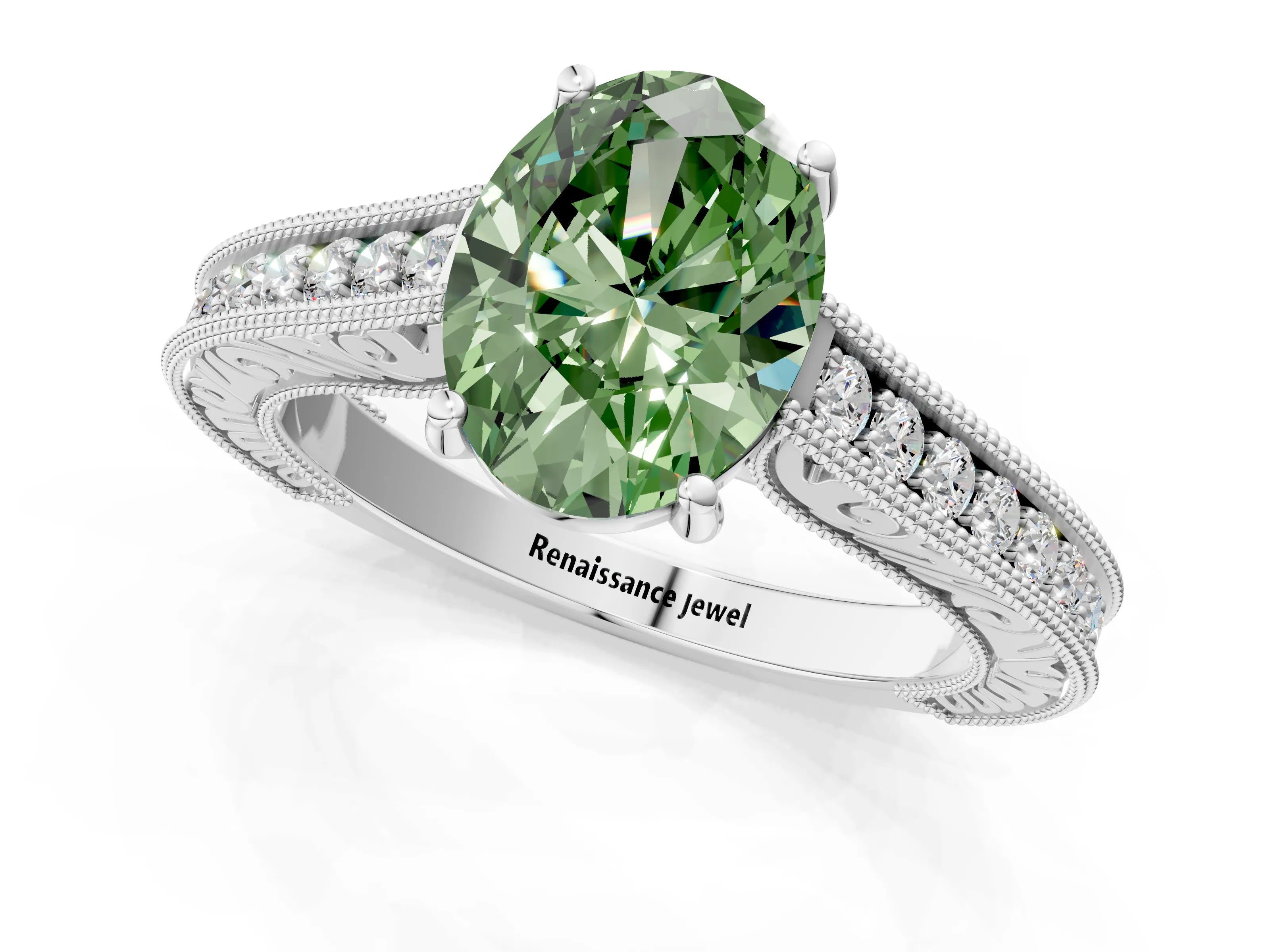 White gold Fancy Green Oval Cut Cut Pave Band Milgrain Solitaire Ring_1