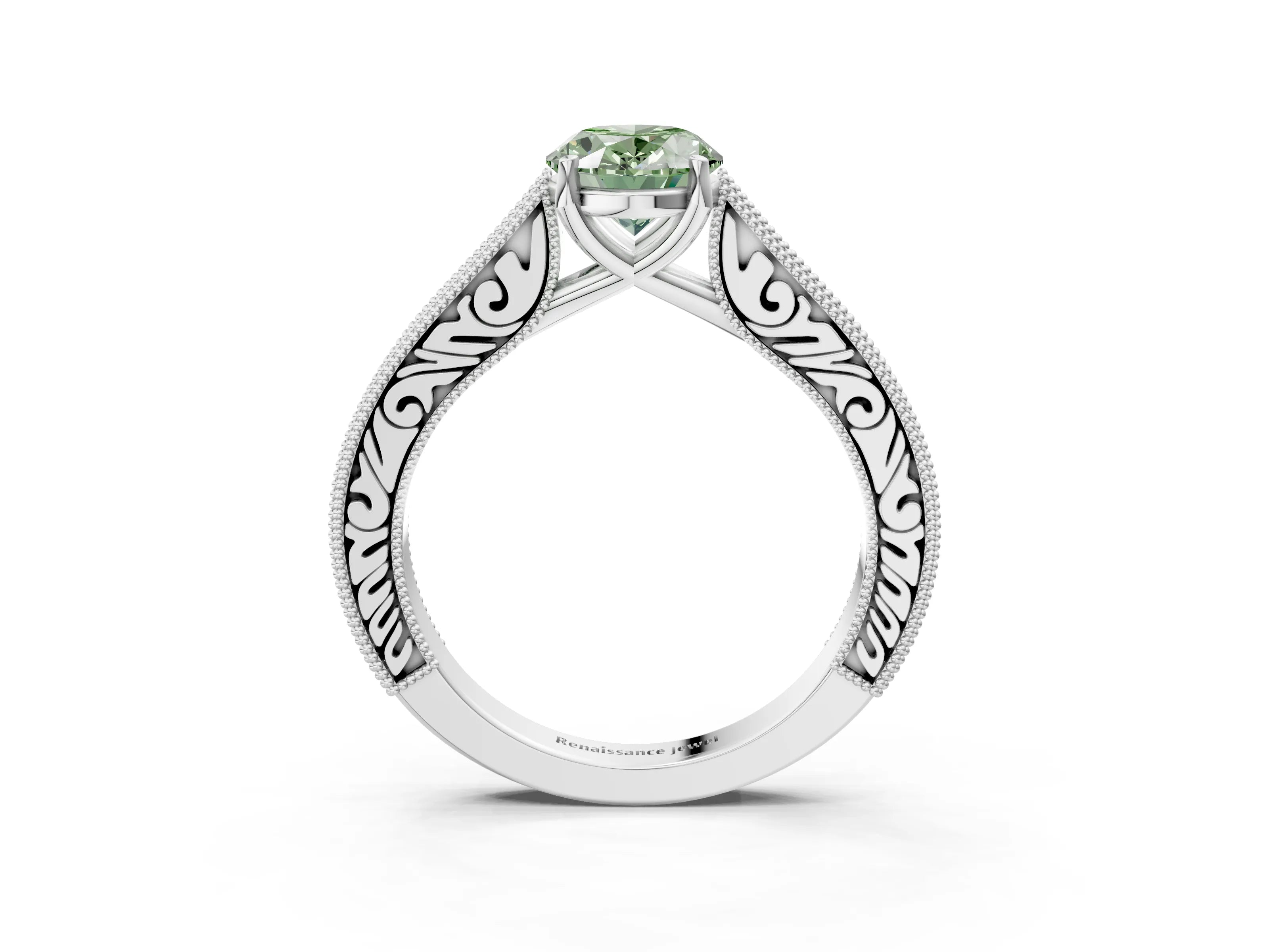 White gold Fancy Green Oval Cut Cut Pave Band Milgrain Solitaire Ring_3