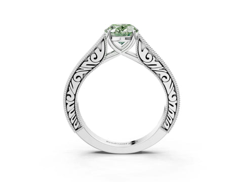 White gold Fancy Green Oval Cut Cut Pave Band Milgrain Solitaire Ring_3