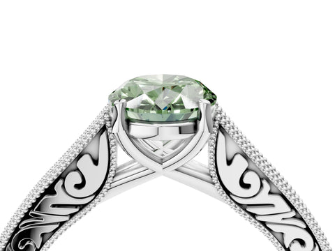 White gold Fancy Green Oval Cut Cut Pave Band Milgrain Solitaire Ring_4